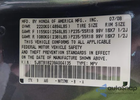 2009 Acura Rdx from USA, damaged, VIN 5J8TB18239A004135